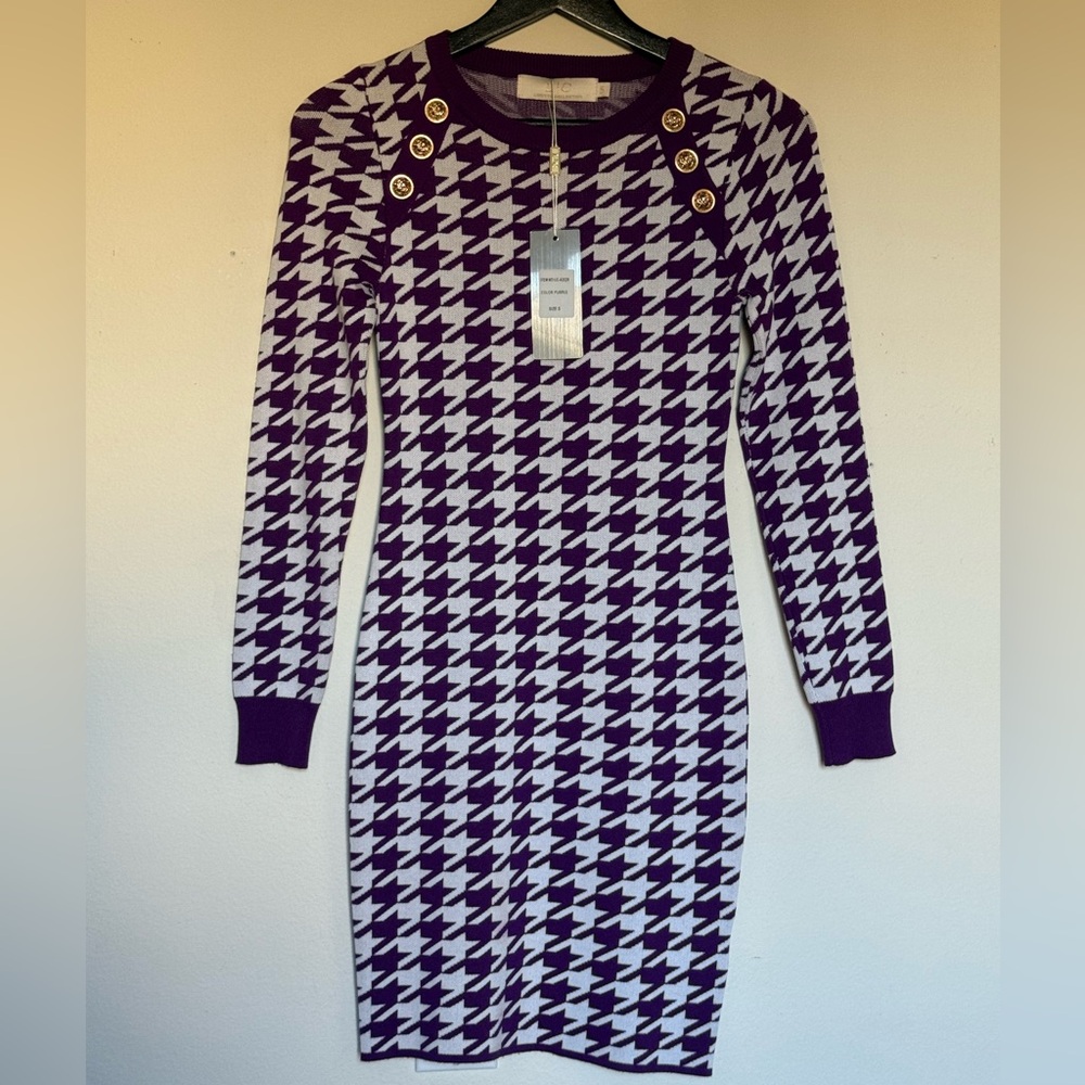 NWT Purple Lizette Collection Houndstooth Knit Dress Size Small